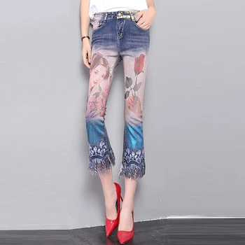 

Summer Fall Designer Womens Stretch Tassel Embroidery Flare Jeans Pants , Spring Fashion Distressed Denim Trousers For Woman