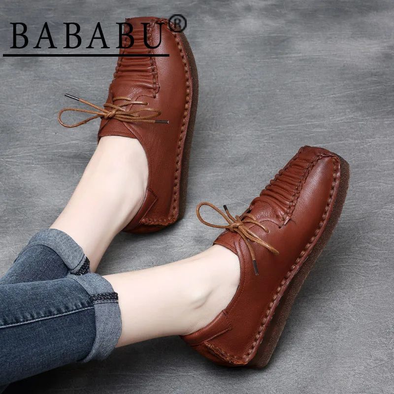 

Bababu Plus Size Spring/Autumn Women Flats Handmade Comfortable Casual Work Driving Women Shoes Genuine Leather Shoes Woman