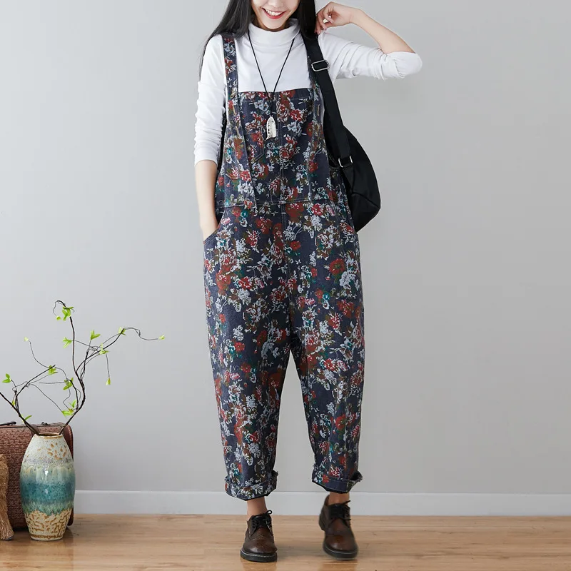 

2019 Women Vintage Washed flowers Printed Denim Wide Leg Jeans Overalls Loose Bule Plus Size Rompers Ladies Long Pants Jumsuits