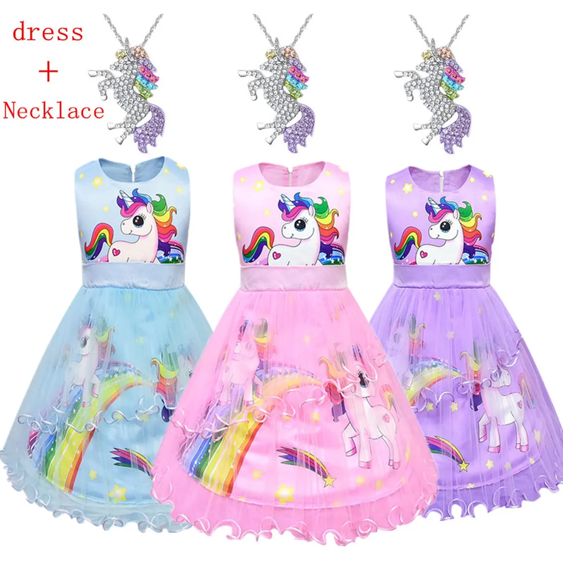 

Baby Girls Dress Unicorn Costume for Kids Children Party Dresses flamingo Clothes kids Princess Dress+unicornio necklace 3-10Y