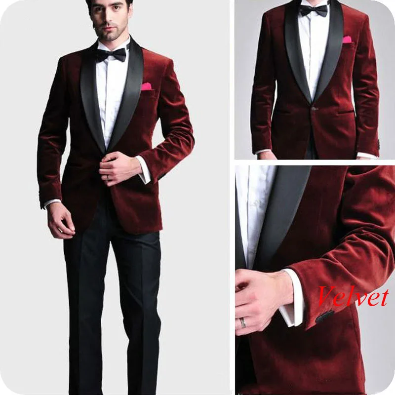 

Men Wedding Suits 2019 Smoking Jacket Burgundy Velvet Groom Tuxedo 2Piece Best Man Blazer Costume Homme Slim Fit Terno Masculino