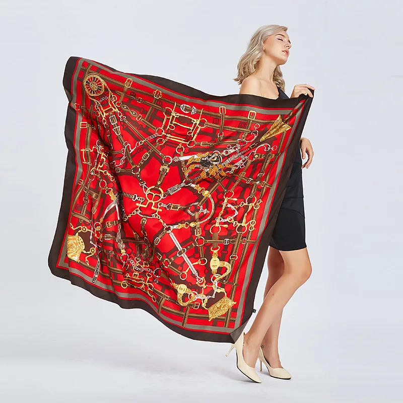 

Women Twill Silk Scarf Fashion Crown belt Print Square Scarves Wraps Headband Brand Large Luxury Shawl Hijab 130*130CM