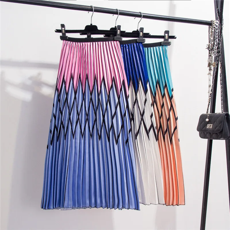 

2019 Woman Satin Elegant High Waist Geometric Print Long Pleated Skirt Spring Summer Elastic Waist Harajuku Maxi Skirt Faldas