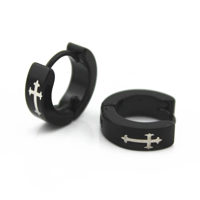 

Men Stainless Steel Hoop Earrings Women Cross Charm Small Round Circle Loop Huggie Earring Black Ear Jewelry Accessories