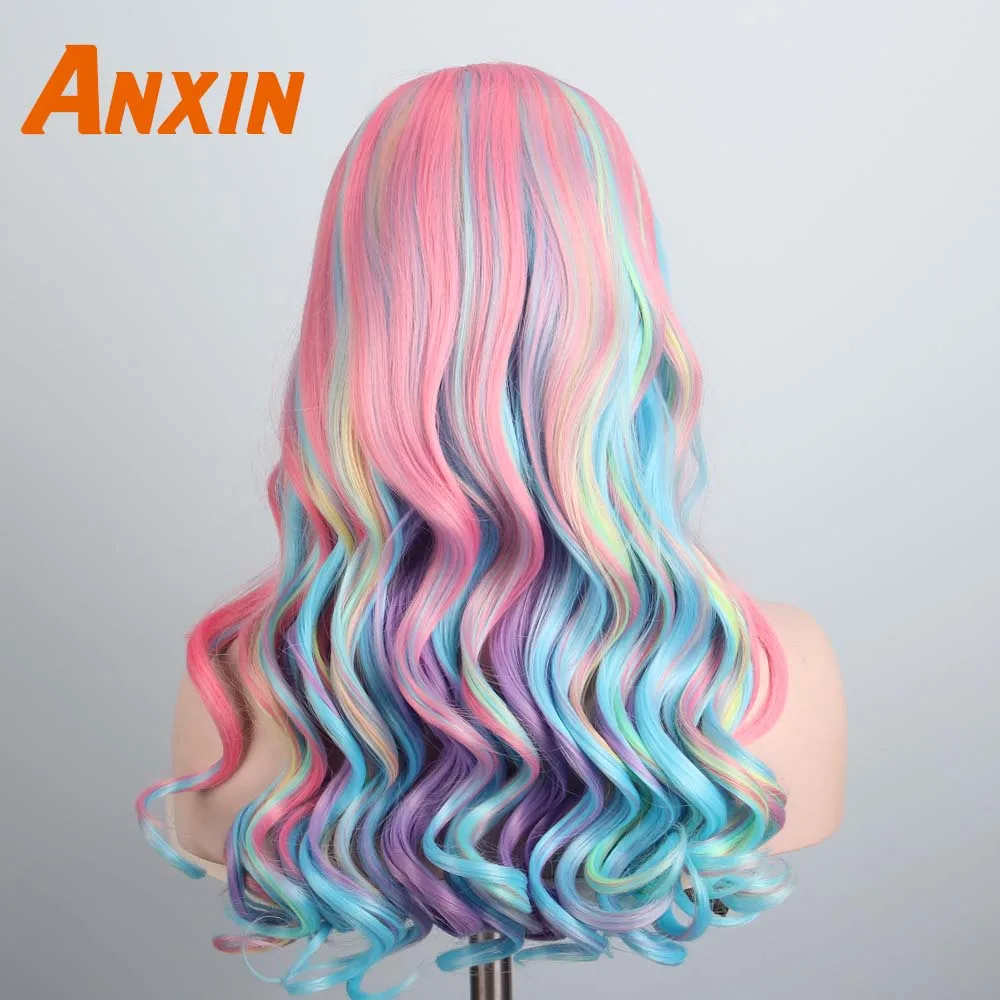 Anxin милые длинные волнистые красочные парики с цветком Bwoknot аксессуары вечерние аниме термостойкие синтетические парики для женщин девушек
