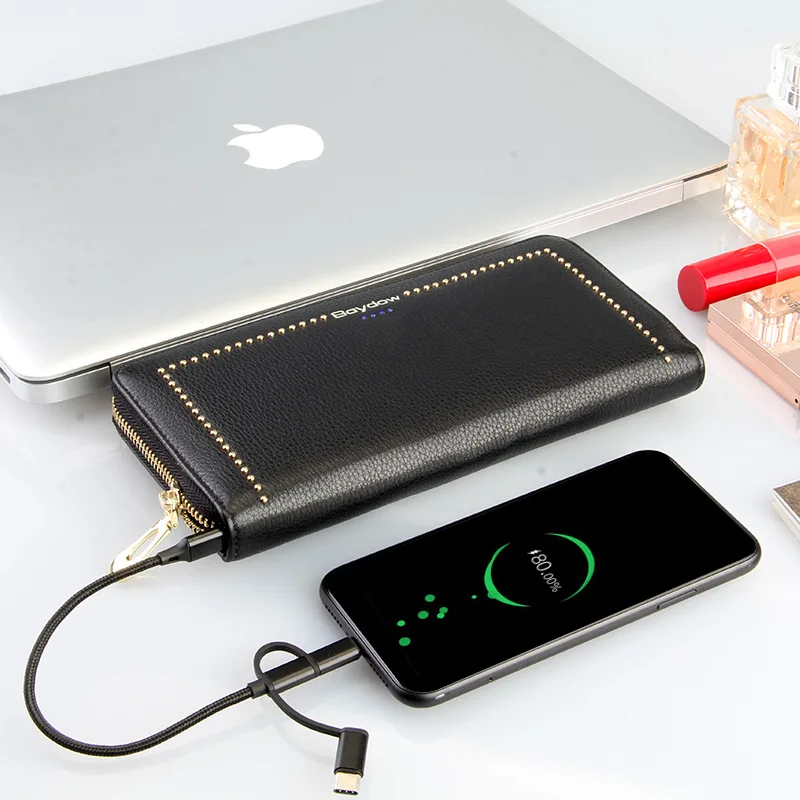 

RFID Protection Women Female Long PU Leather Mobile Phone Wallet with Power Bank Zipper Coin Purse New Design Credit Card Holder