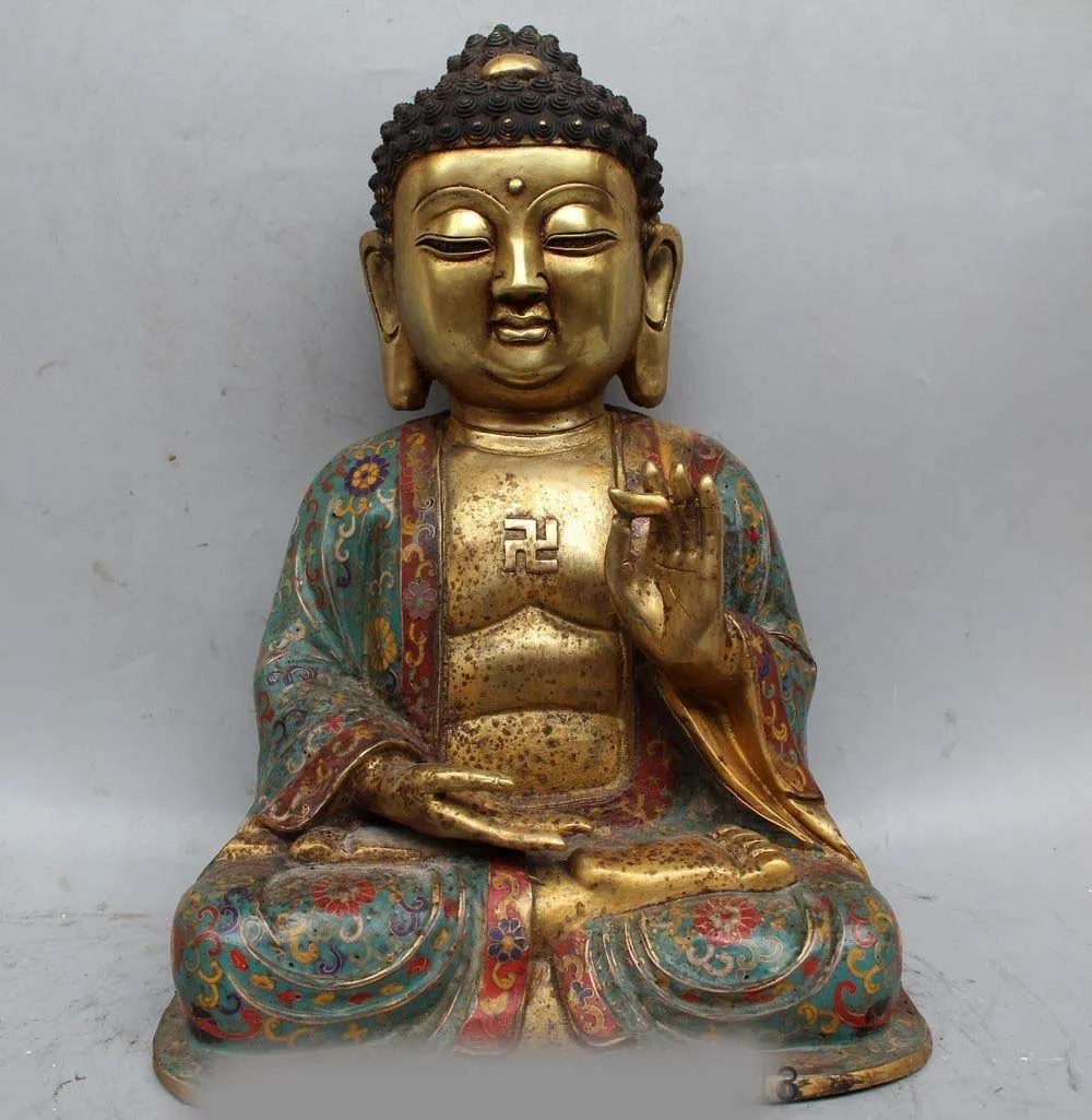 

15" China Tibet Cloisonne Bronze Gild Siddhartha Shakyamuni Amitabha Buddha Stat