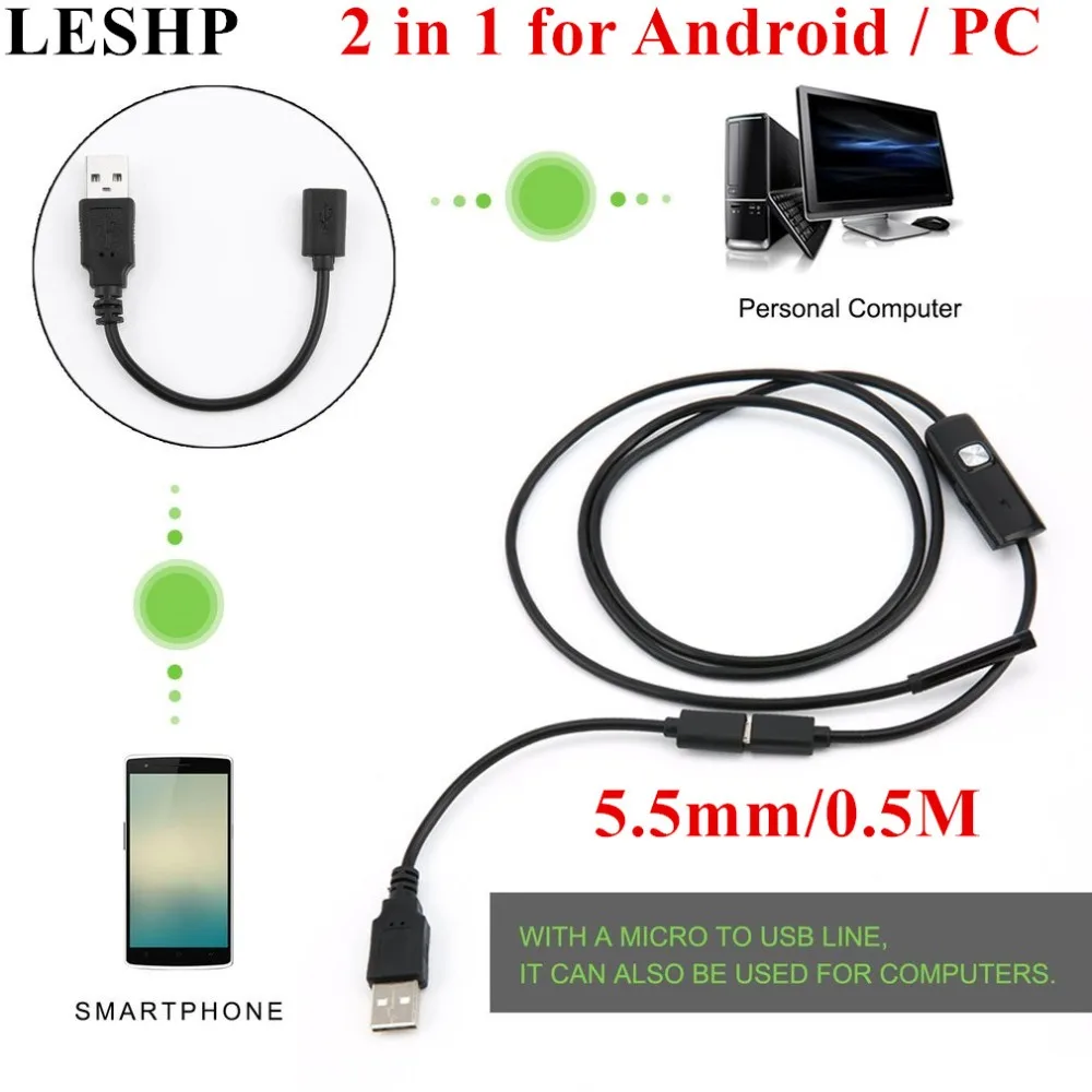 

LESHP 0.5M 5.5mm 1280P HD Endoscope Waterproof Inspection Borescope with 6 LEDs for Android Focus Camera Lens USB Endoscope