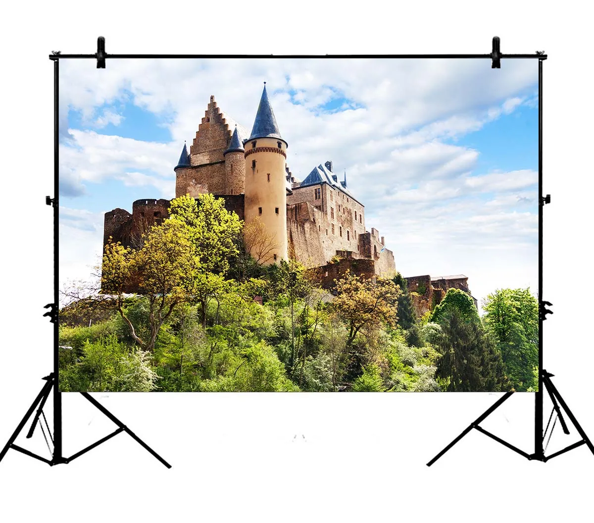 

5x7ft Blue Sky Clouds Castle Green Tree Polyester Photo Background Portrait Backdrop