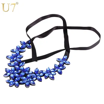 

U7 Blue Jewelry Big Crystal Necklace Flower Women Ribbon Choker Bohemian Style Bib Statement Maxi Necklace N530