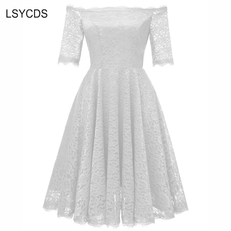 White Lace Dress Women Slash Neck Off The Shoulder Sexy lady Dress Robe Party Wedding Vintage Retro 50s 60s Midi Dress For Women White Lace Dress Women Slash Neck Off The Shoulder Sexy lady Dress Robe Party Wedding Vintage Retro 50s 60s Midi Dress For Women