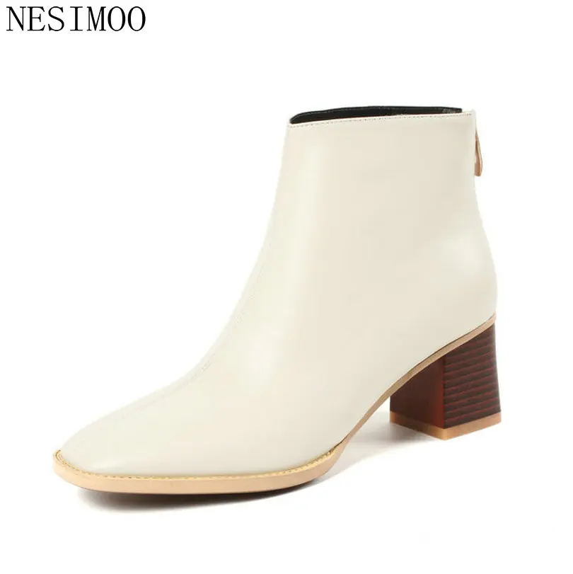

NESIMOO 2019 Women Shoes Ankle Boots Med Heel Fashion Pointed Toe Leather+PU Sweet Style Ladies Motorcycle Shoes Size 34-43