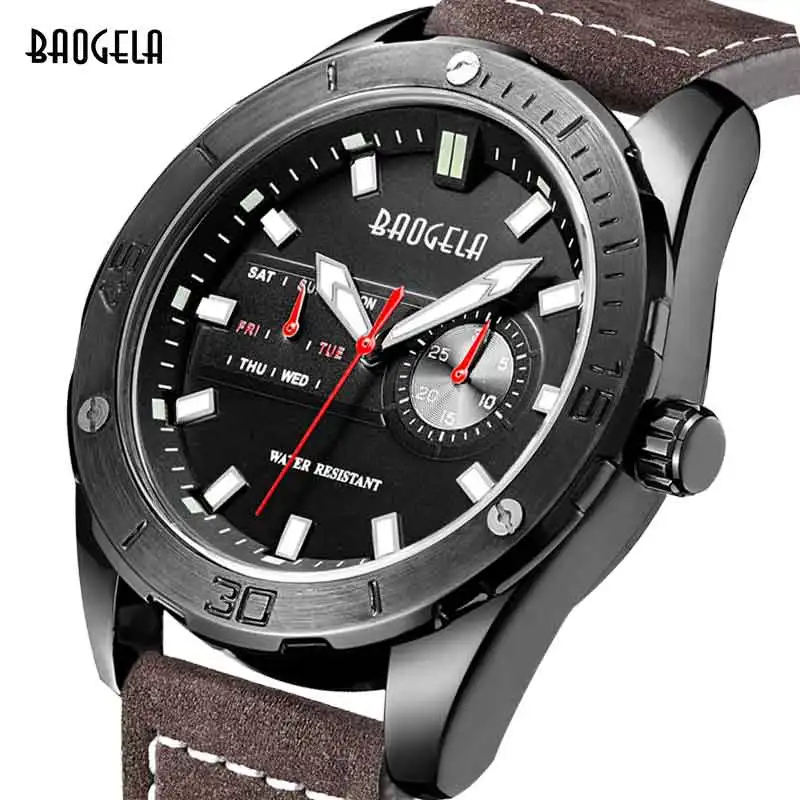 

2018 BAOGELA Men's Fashion Sport Waterproof Watches Male Leather Strap Quartz Watch Chronograph Wristwatches