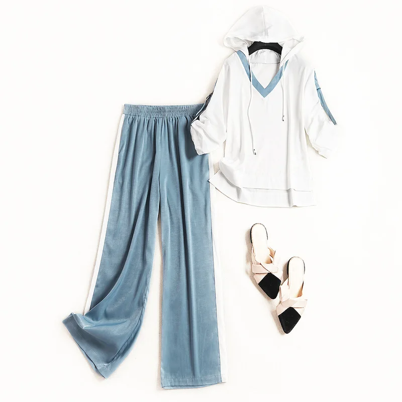 

Women casual active pants suit hooded color block satin tops and blouse + elastic waist long pants two piece set new 2019 spring