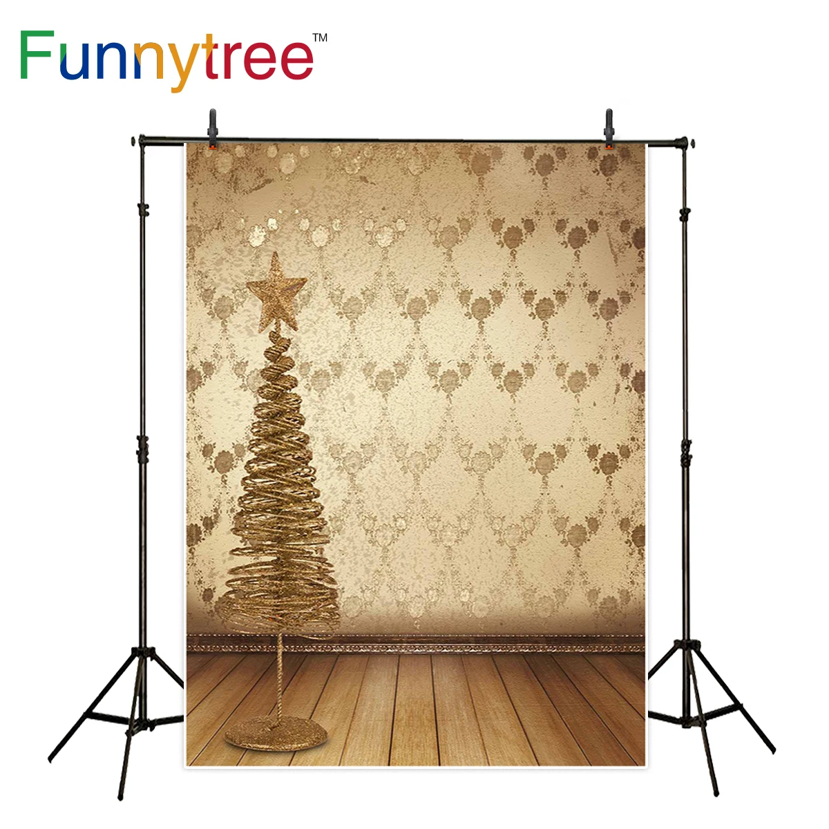Фон Funnytree для фотосъемки с изображением рождественской Золотой ели старых комнат