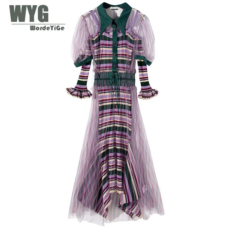 

Unique Designer Dress 2019 Spring High Quality Brand Fashion 2 Pieces Mesh Dress + Striped Shining Irregular Knit Midi Dresses