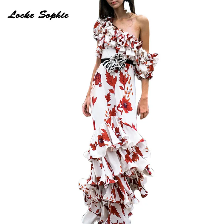 1pcs High waist Ladies Plus size Sexy party dresses 2019Summer cotton prints Splicing irregular Ruffles Dress women Skinny Dress