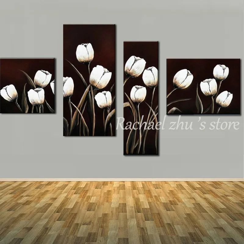 Tangan Dicat Abstrak Empat Panles Putih Bunga Tulip Bunga Lukisan