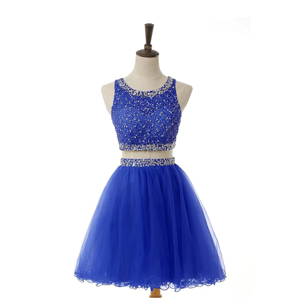 blue 2 piece prom dress short