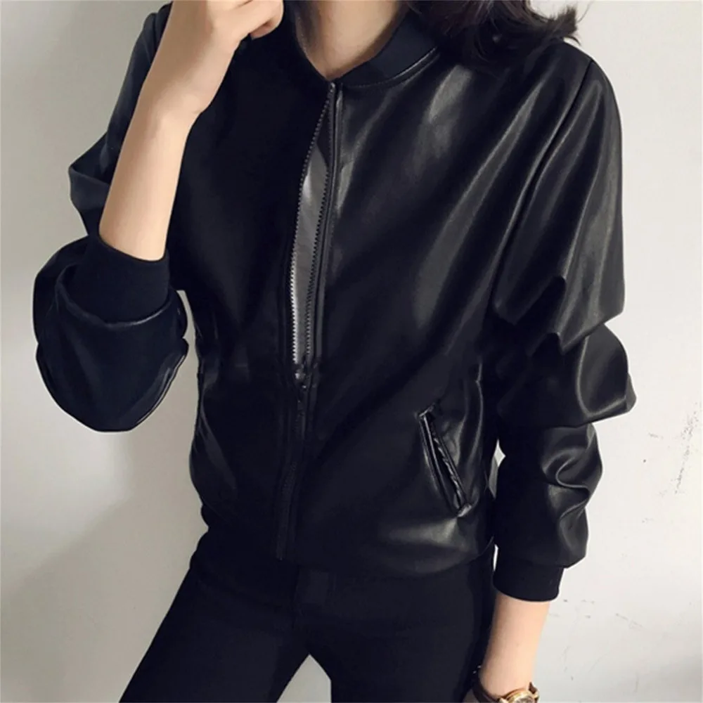 

Women Leather Jacket New Spring Women Thin Coat Bomber Jacket Long Sleeve Casual Stand Collar Outerwear Jaqueta Masculina