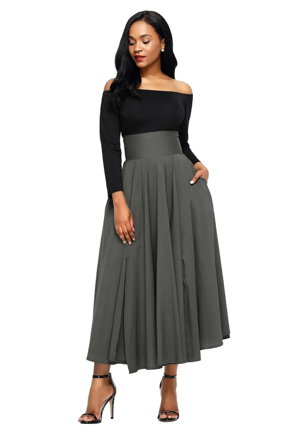 Gray-Retro-High-Waist-Pleated-Belted-Maxi-Skirt-LC65053-11-1