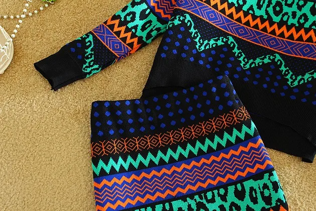 Женский свитер с геометрическим принтом в национальном стиле, комплект из топа и юбки, трикотажные блузки и юбки контрастных цветов