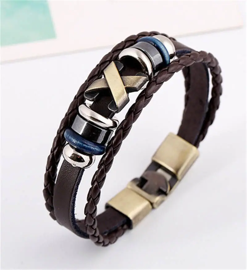 

Retro Leather Bracelet Cool Men Multilayer Braided Acrylic Beads Bracelet Fashion Jewelry