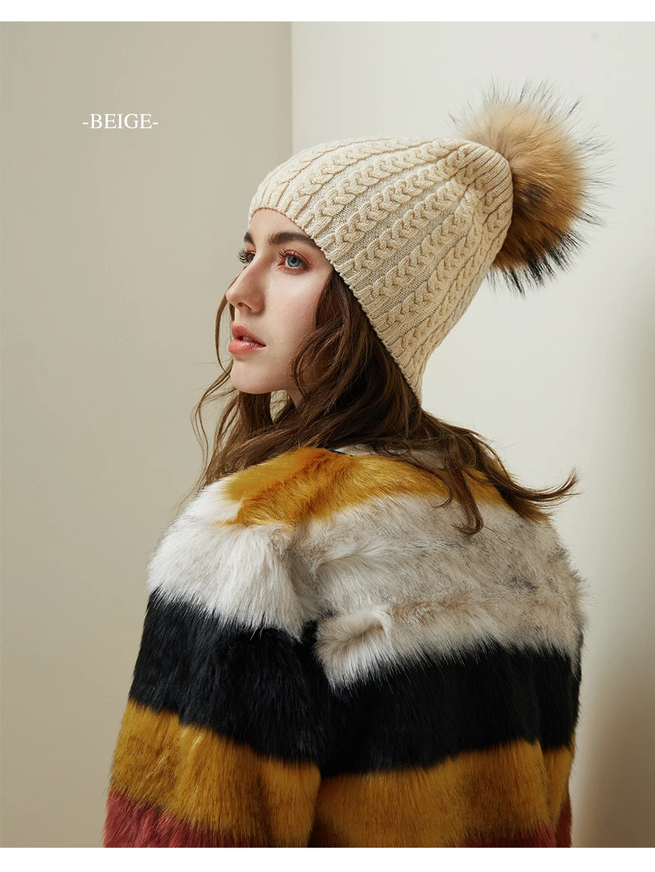 Winter Hats For Women Warm Beanie Real Fur Pompom Wool Hat Female Twist-Type Cap Bright Silk Beanies Women's Hat 5 Colors (15)