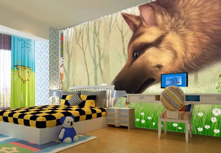 modern living room wallpapers Cartoon wolf and small animal children room background wall modern living room wallpapers Cartoon wolf and small animal children room background wall