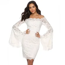 Sexy Off Shoulder Summer women dress Party lace Dress sheath flare sleeve trumpet sleeve knee length Split dress short dress exaggerate bow detail trumpet sleeve dress