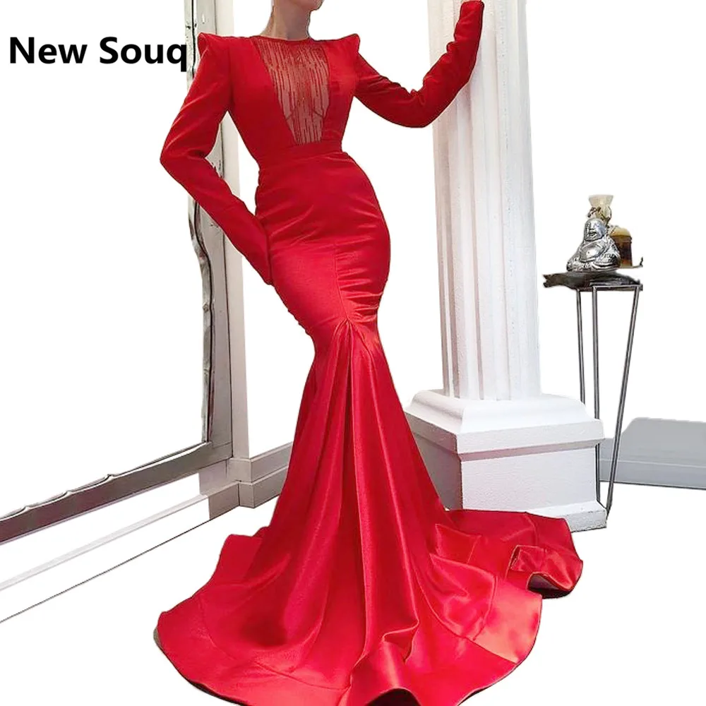 

Fashion Red Mermaid Evening Dresses With Long Sleeves Formal Women Prom Dress Long Party Gowns vestido de festa