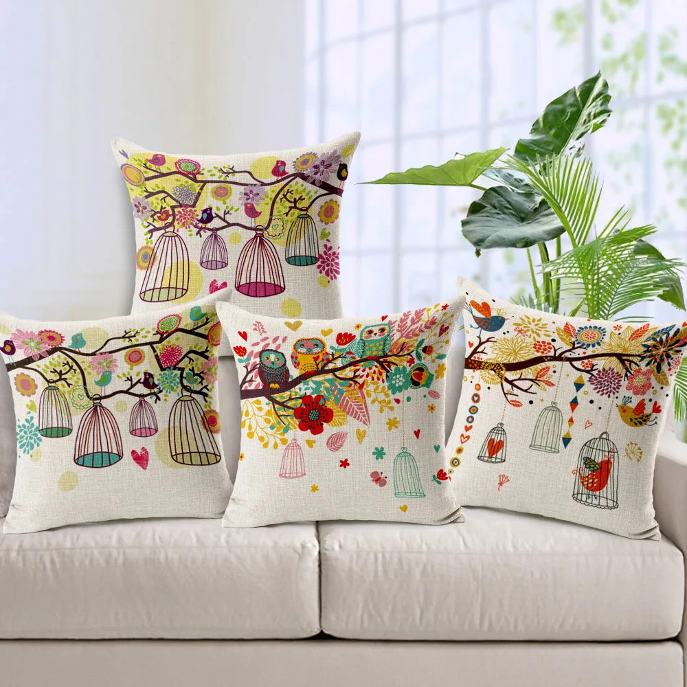 

Cute Bird and Birdcage cushion Linen cotton pillow sofa cushion decorative pillow /Throw Pillow free shipping