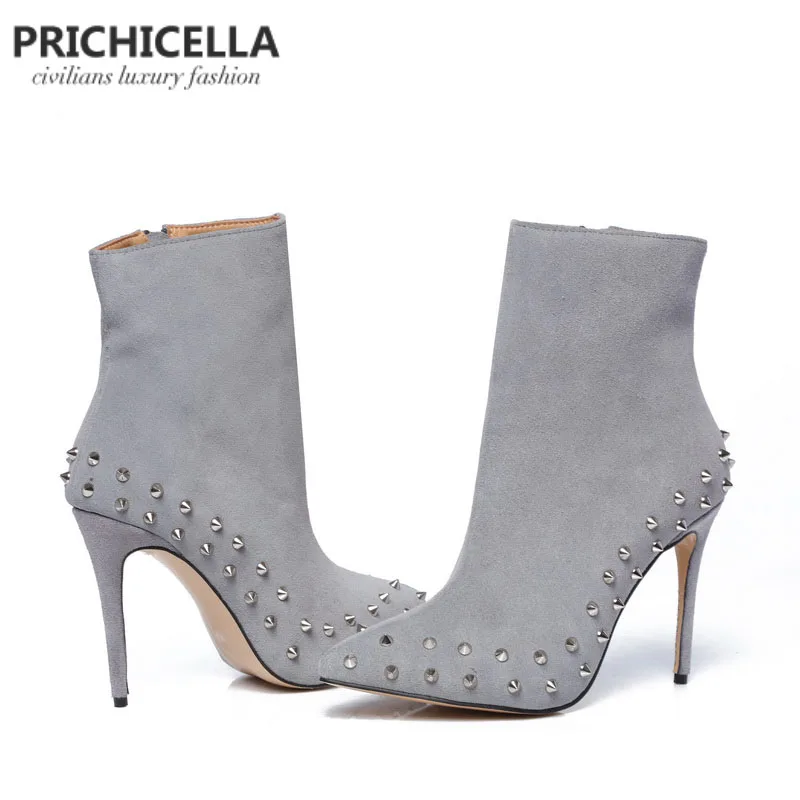 PRICHICELLA/ботильоны на тонком каблуке 10 см из натуральной кожи и серой замши с острым