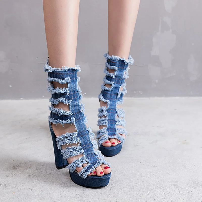 

Fashion Lady Denim Hollow Sandals Versatile Open Toe shoes High Heels Large Size women's Sandals 2019 zapatillas mujer