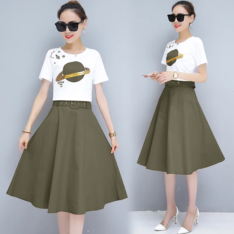 

2018 Summer Cute fashion women's spring girl outfit new two pcs clothing set long skirt sweatshirt o neck short sleeve suit