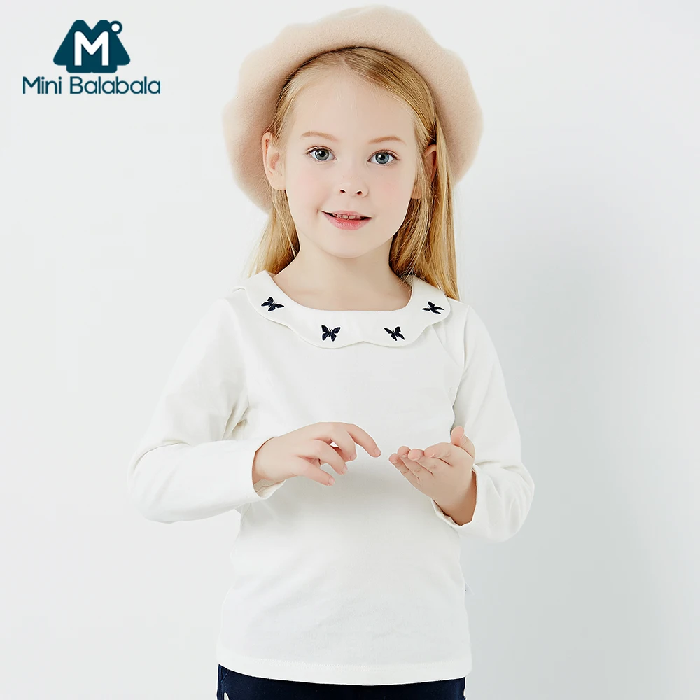 

Mini Balabala Kids Girls Butterfly Embroided Collar Tops T shirt Tees 100% Cotton Children Toddler Girl Autumn Clothes tshirt