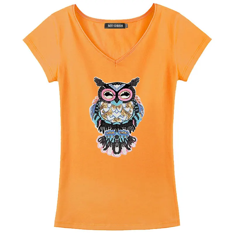 4XL 5XL размера плюс милые хлопковые женские топы летняя модная женская футболка с коротким рукавом и вышивкой Совы из мультфильма - Цвет: V neck Orange