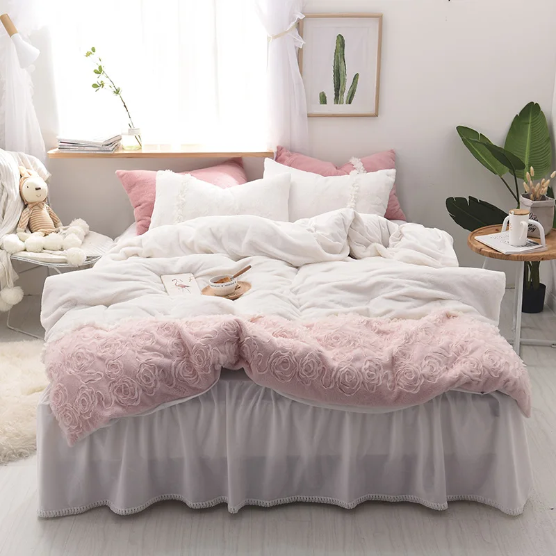 Rabbit Velvet Princess Lace Bedding Sets Stereo Applique Fleece Duvet Cover Tassels Bed skirt Twin Queen King size 3/4 pcs