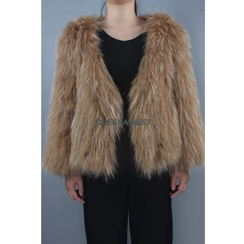 

New Arrival 100% Real Raccoon Fur Coat Full Sleeve Knit Raccoon Fur Jacket With Pocket Women V Collar Overcoat