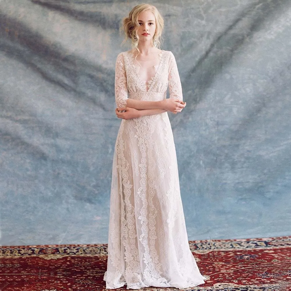 

Verngo luxury 2019 Half Sleeves Wedding Dresses Boho V-Neck Exquisite LaceBridal Gowns