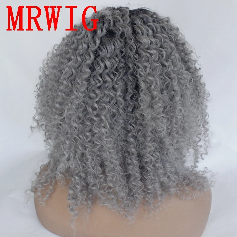 MRWIG short kinky curly ombre medium grey free part synthetic front lace wig 20in real pic for lady woman