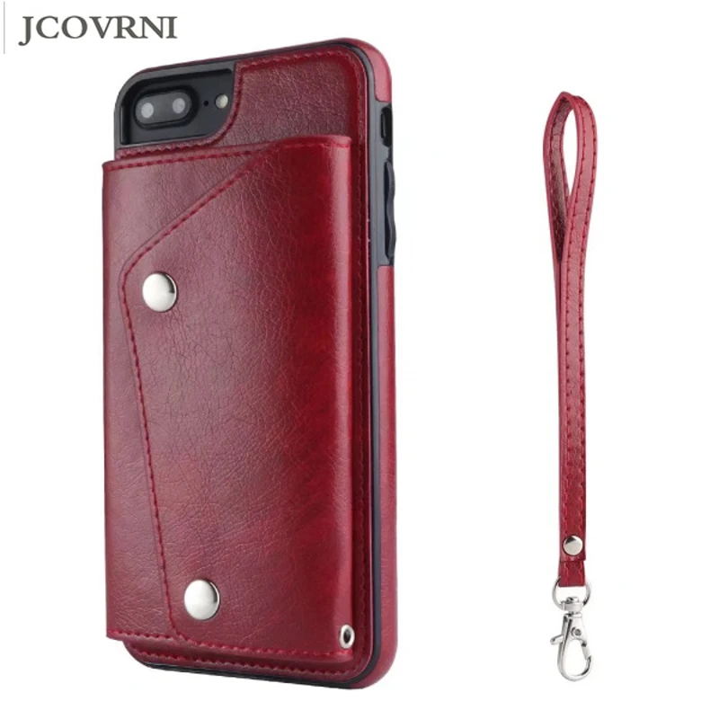 melhor JCOVRNI 2018 moda caso de telefone carteira para iphone 8 8 plus com cartão alça de mão para iphone XS 7 plus telefone tampa traseira caso carteira