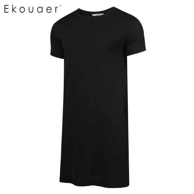 Ekouaer Men Long Sleephirts Cotton Nightwear Basic Round Neck Short Sleeve Solid Nightshirts Mens Sleepwear Soft Loose Homewear