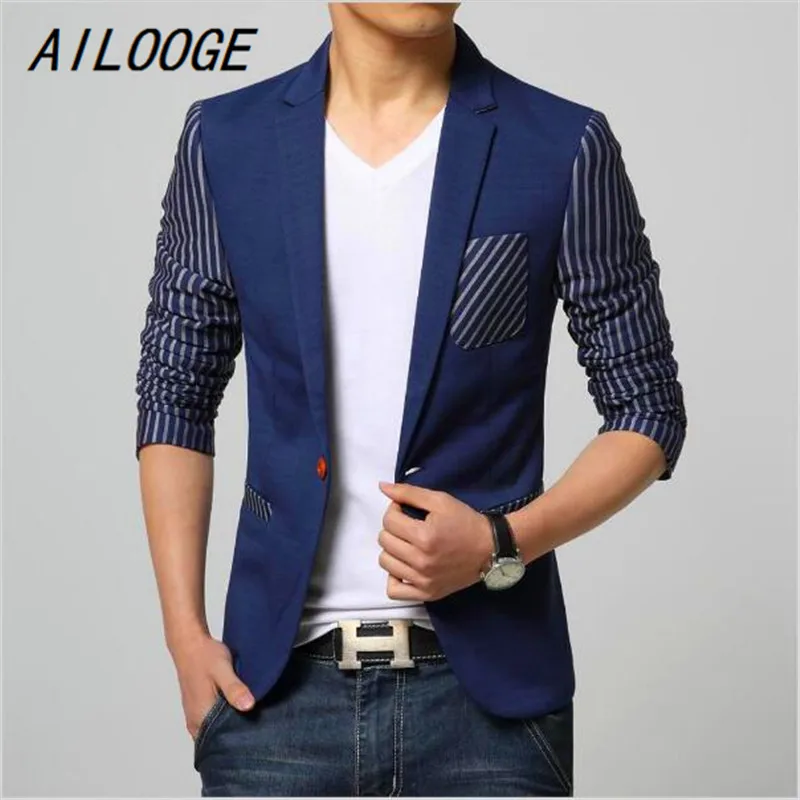 

AILOOGE 2017 Men Casual Slim Fit Stripe Brand Blazer Suit Jacket Blue Coat Male Clothing One Button Blazer Masculine Wholesale