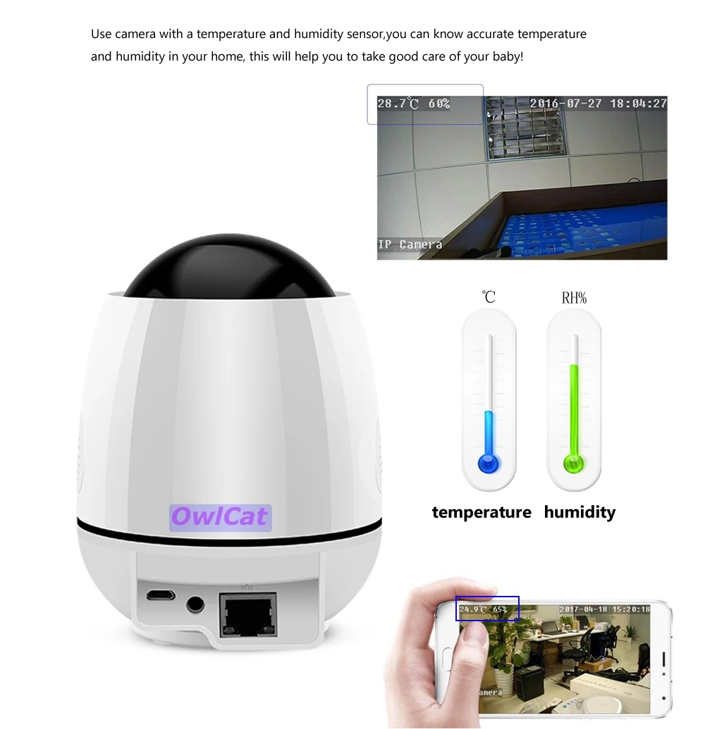 Беспроводная интеллектуальная купольная ip-камера с автоматическим отслеживанием человеческого тела, WiFi, дисплей температуры и влажности, двухсторонняя аудио-карта SD