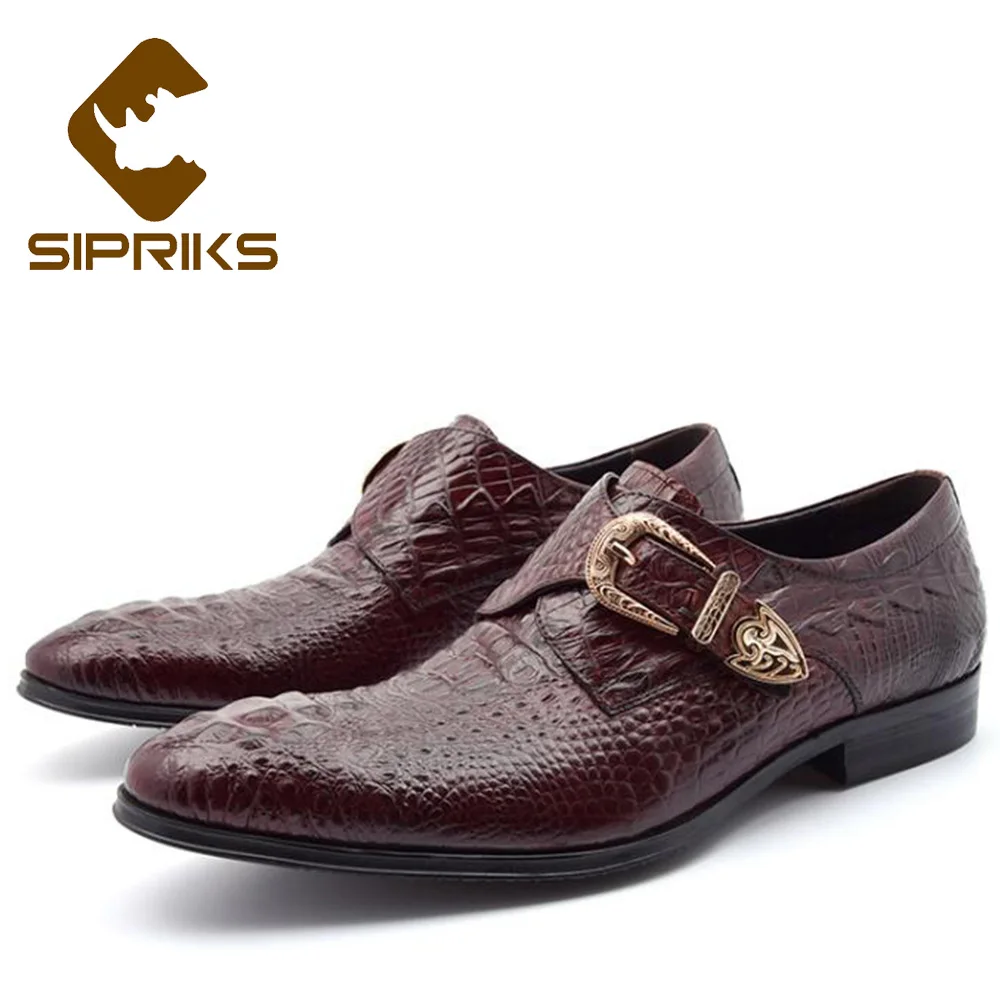 Sipriks Men Burgundy Single Monk Strap Shoes Crocodile Skin Style Dress Shoes Elegant Boss Leather Shoes Formal Tuxedo Shoes Men