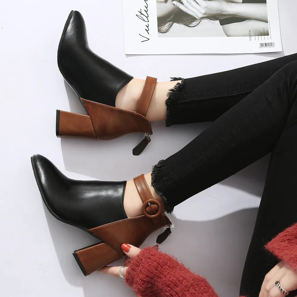 Boots Fashion Women Zip Pointed Toe Hight Heel Boots Botton Ankle Boots Casual Shoes Outdoor PU Leather Winter Female Shoes Sep#