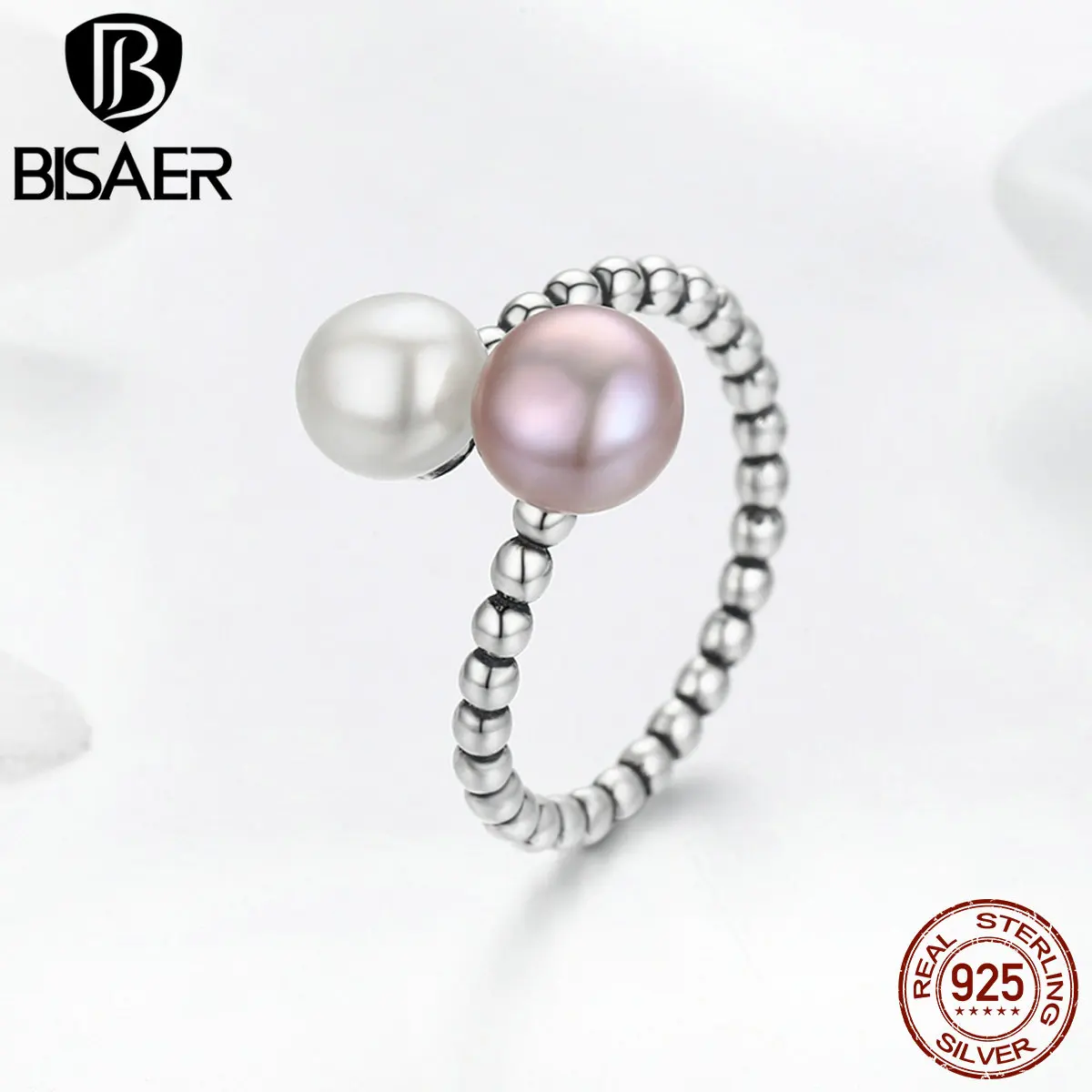 

BISAER Elegant 100% 925 Sterling Silver Adjustable Female Ring Blooming Pearl Finger Rings for Women Silver Ring Jewelry GXR235