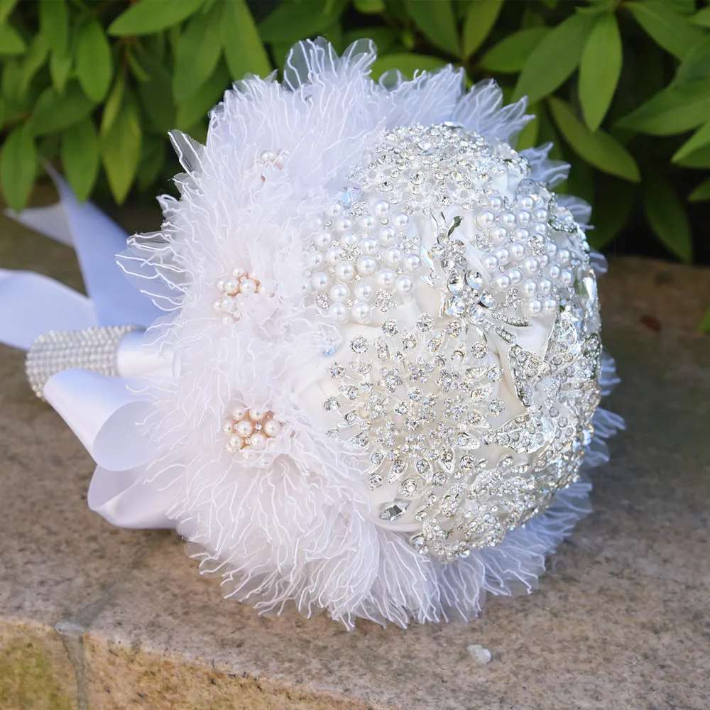 Элегантный Индивидуальные Bling жемчуга и кристаллов Свадебные букеты невесты Роза цветы искусственные Белый невесты брошь букет 74