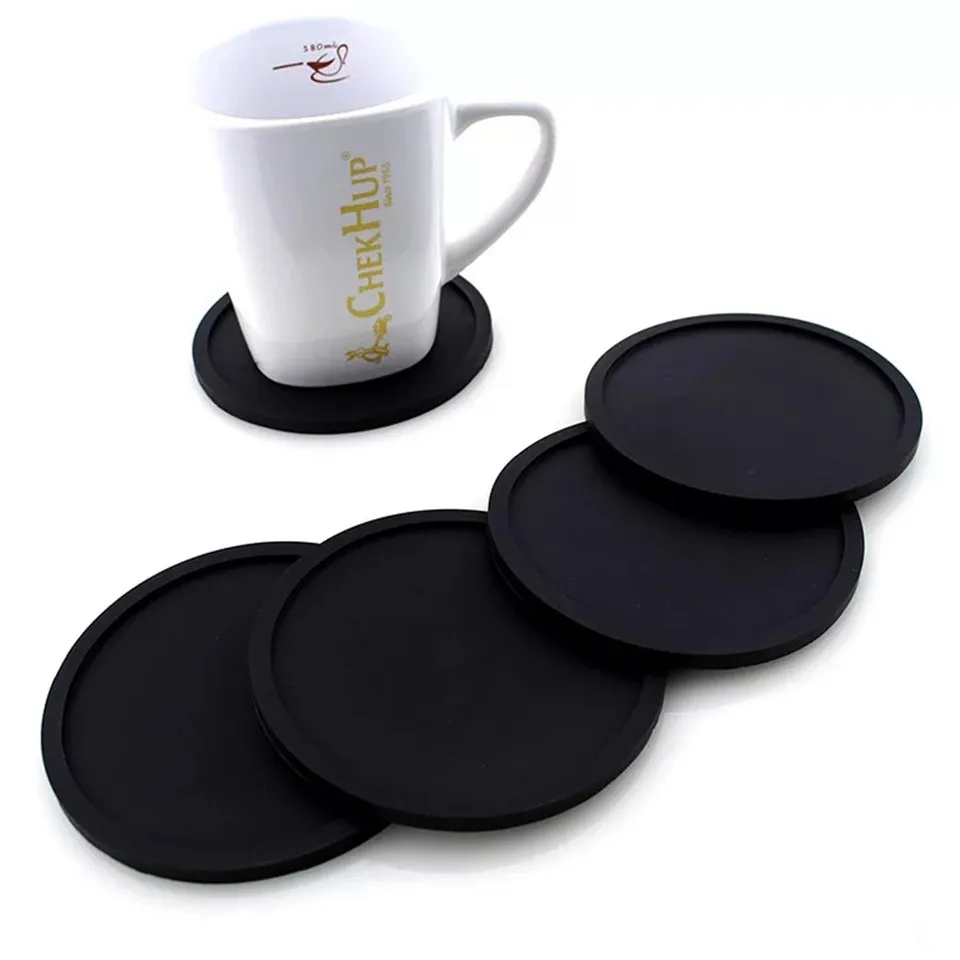 6Pcs Non-slip Silicone Drinking Coaster Se Coffeee Cup Mat Set t Holder RoundBlack Tabletop |